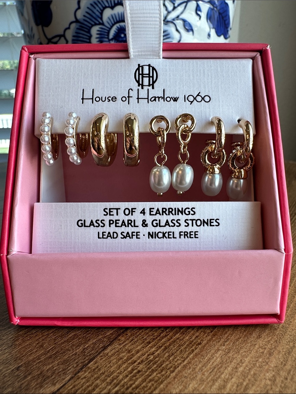 House of Harlow 1960 Gold and Pearl Earring Set in Pink Box